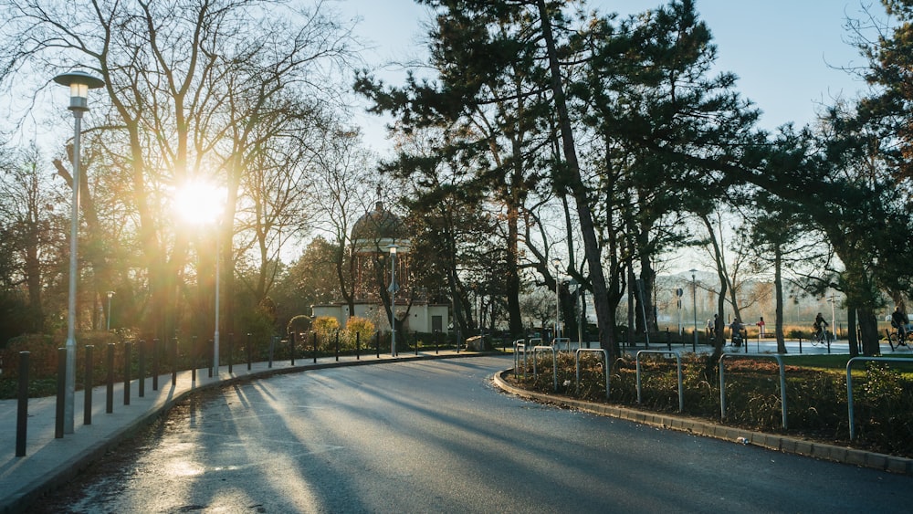 the sun is shining through the trees on the street