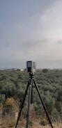 A camera or surveying device is mounted on a tripod, facing a vast expanse of olive groves that stretch towards the horizon. The sky is overcast, contributing to a subdued atmosphere. A few scattered buildings are visible in the distance.