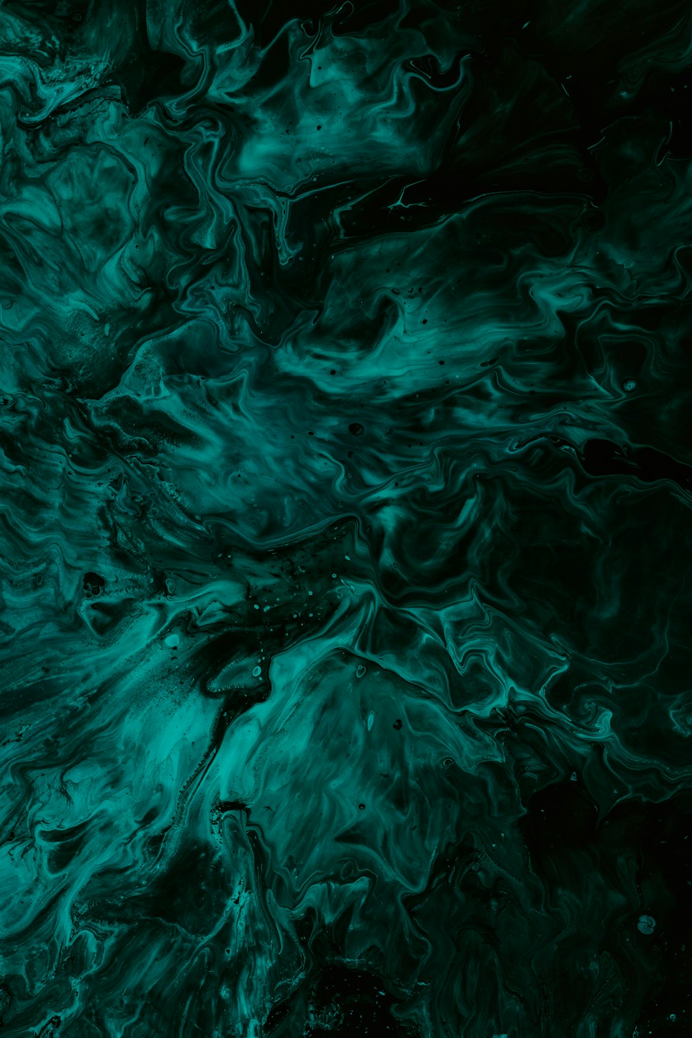 a green and black abstract painting with a black background