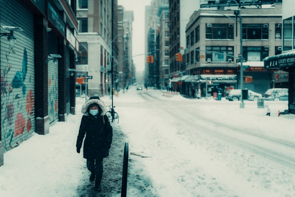 a person walking down a city street