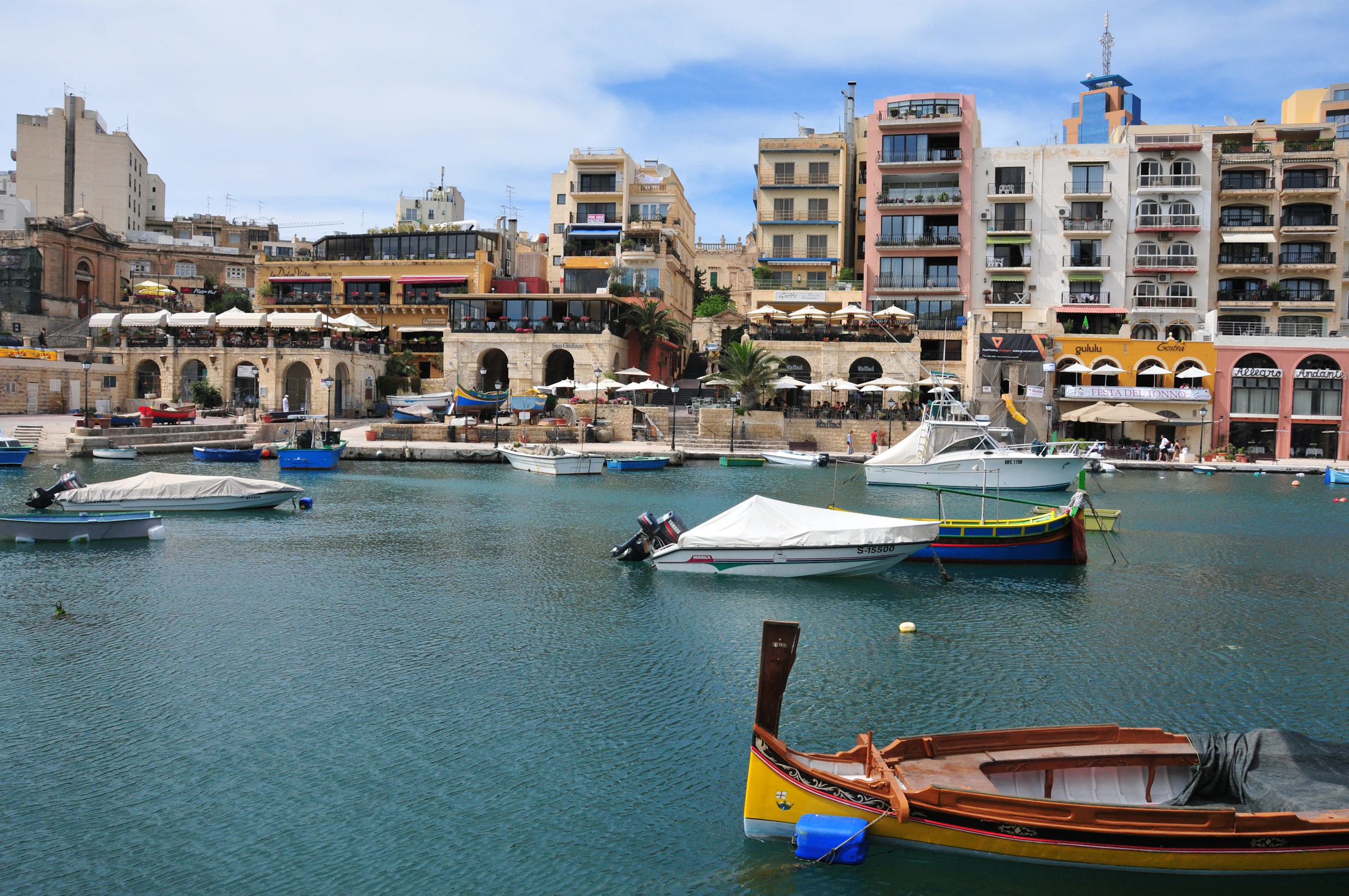 Spinola Bay waterfront and the St Julian's skyline, Malta