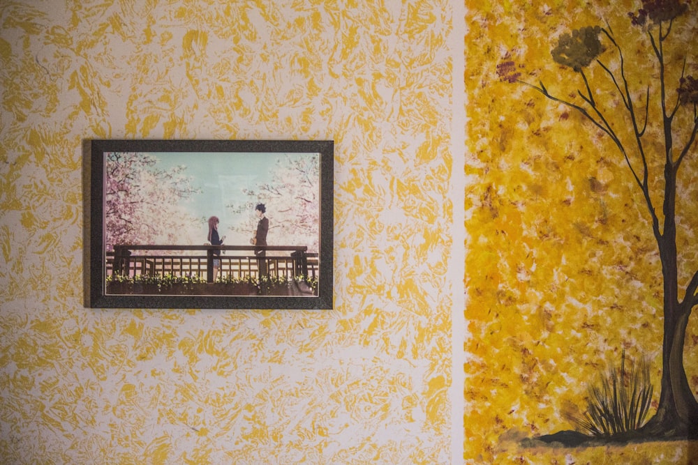 a painting of two people standing on a bridge