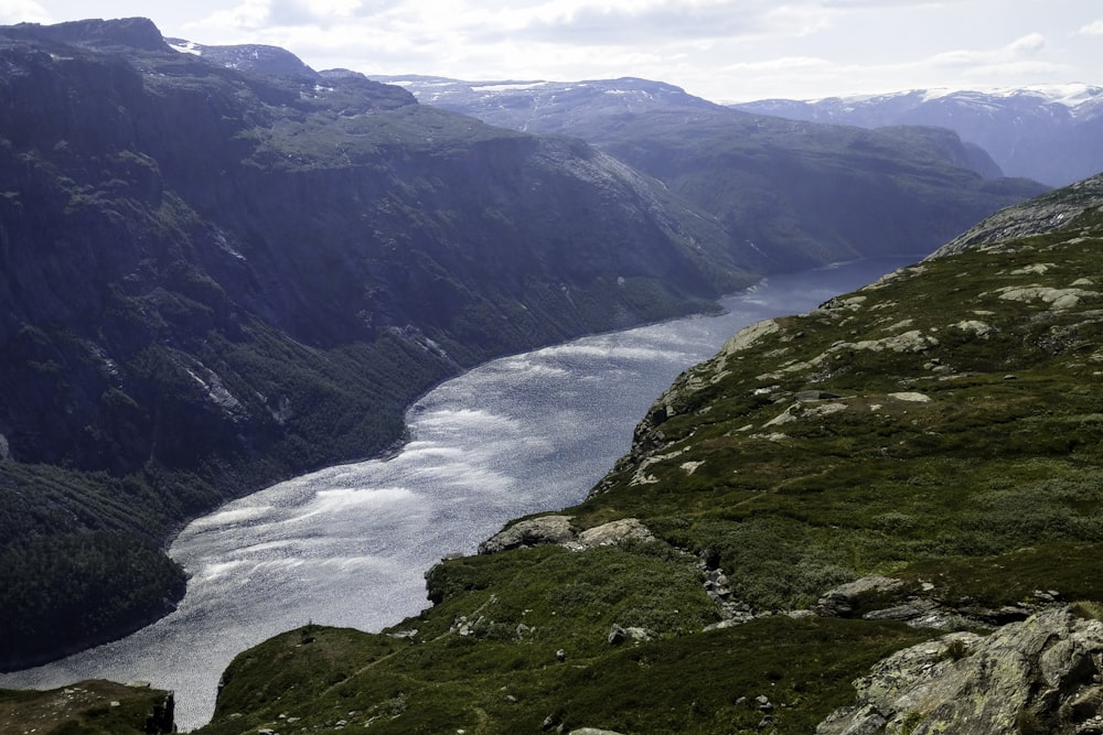 a river flowing through a lush green valley