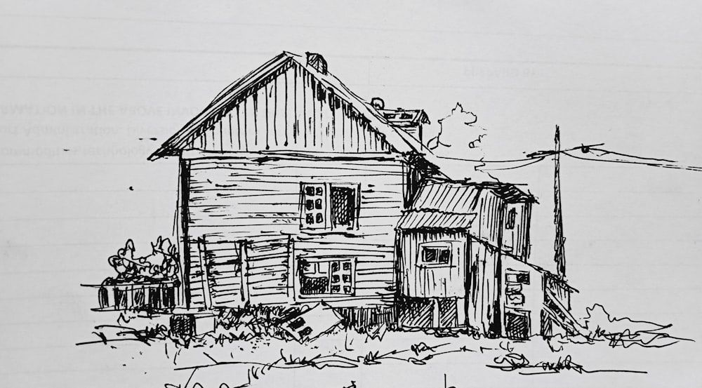 a black and white drawing of a house