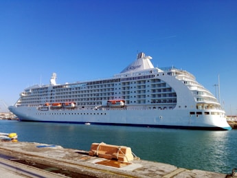 a large cruise ship docked in a harbor