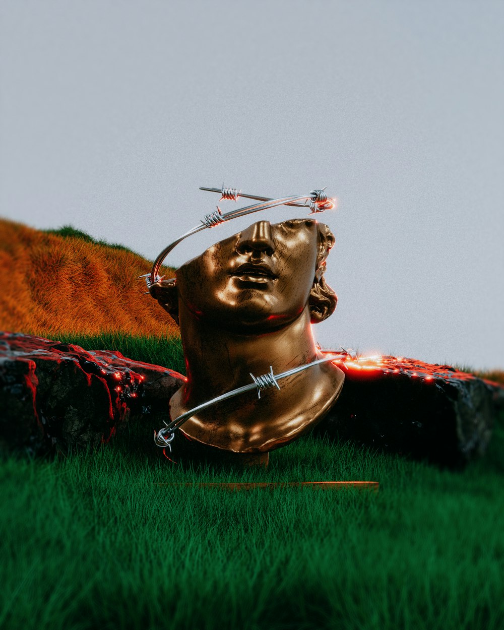 a golden statue of a head with a sword sticking out of it