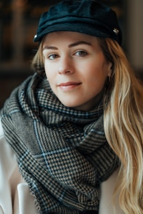 a woman wearing a hat and a scarf