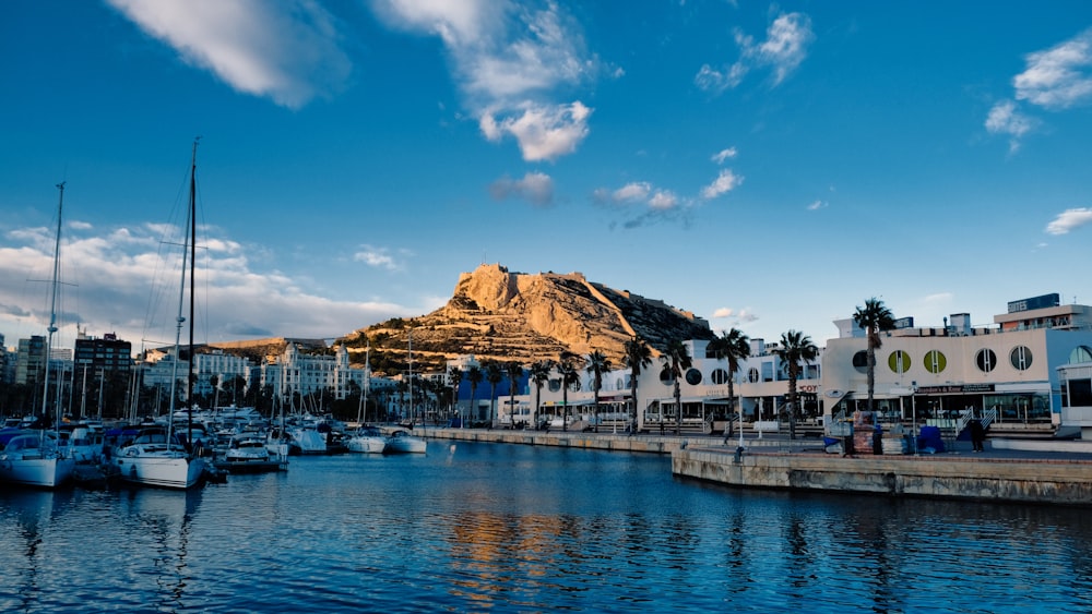 a body of water with a mountain in the background