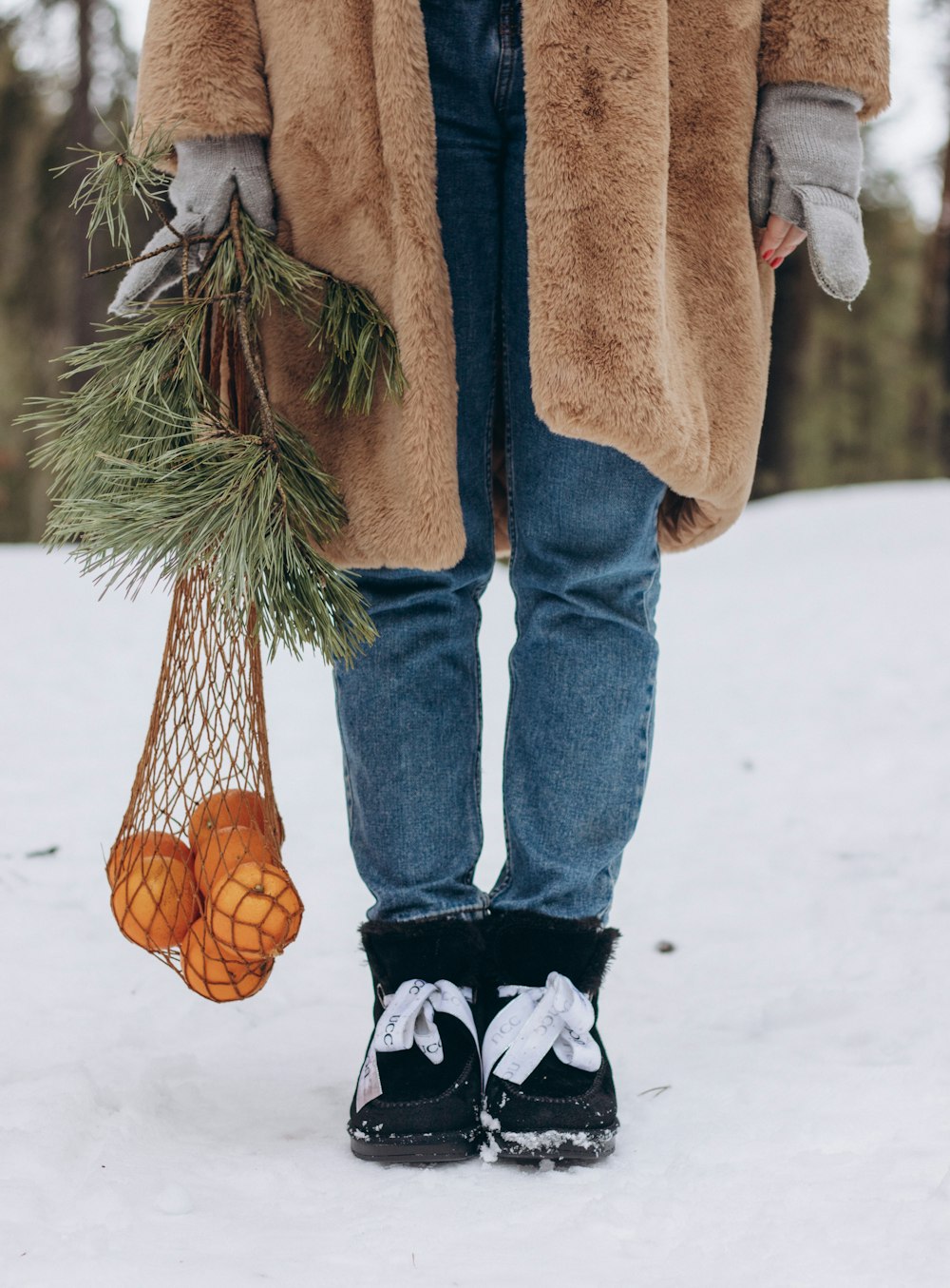 a person standing in the snow holding a bag of pine cones