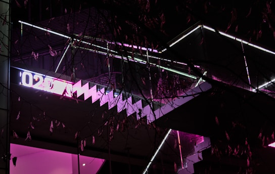 Neon lights with a modern architectural design, featuring angular and zigzag patterns in pink and white. The structure is partially obscured by silhouetted branches, creating a contrast between the artificial lights and the natural elements.