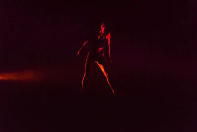 Powerful silhouette of a fighter standing in the cage under dramatic red lighting, embodying strength and determination.