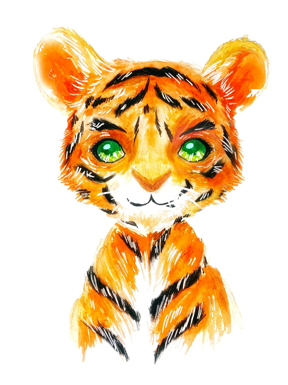a drawing of a tiger with green eyes