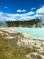 A large, steaming hot spring in a natural landscape surrounded by lush green grass and trees. The sky is clear with fluffy white clouds, enhancing the serene and picturesque environment.