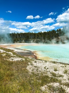 A large, steaming hot spring in a natural landscape surrounded by lush green grass and trees. The sky is clear with fluffy white clouds, enhancing the serene and picturesque environment.