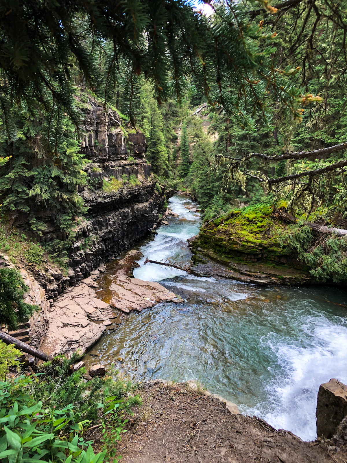 A clear creek running through a rocky gorge in the forest near Big Sky