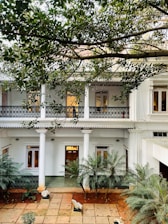 A two-story colonial-style building with white pillars and a balcony is surrounded by lush greenery. The upper floor features shuttered windows and an ornate railing, while the lower floor has large doorways. The foreground includes symmetrical palm plants and stone sculptures, with a tiled pathway leading to the entrance. The scene is partially enclosed by overhead tree branches.