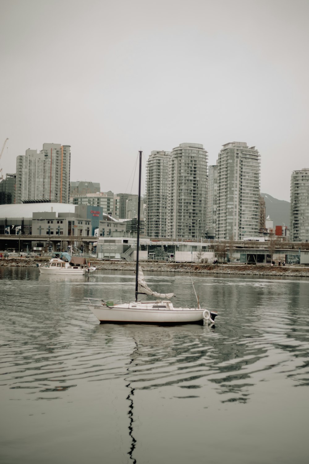 Un velero en el agua con una ciudad al fondo