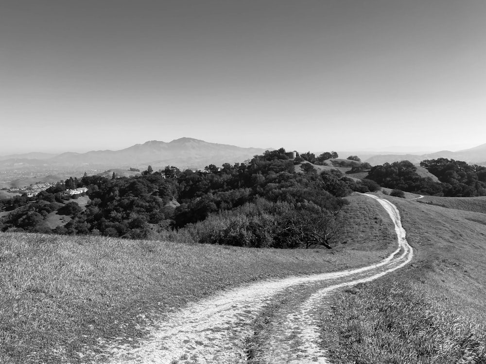 a black and white photo of a dirt road