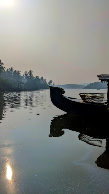 a boat is sitting on the water near the shore