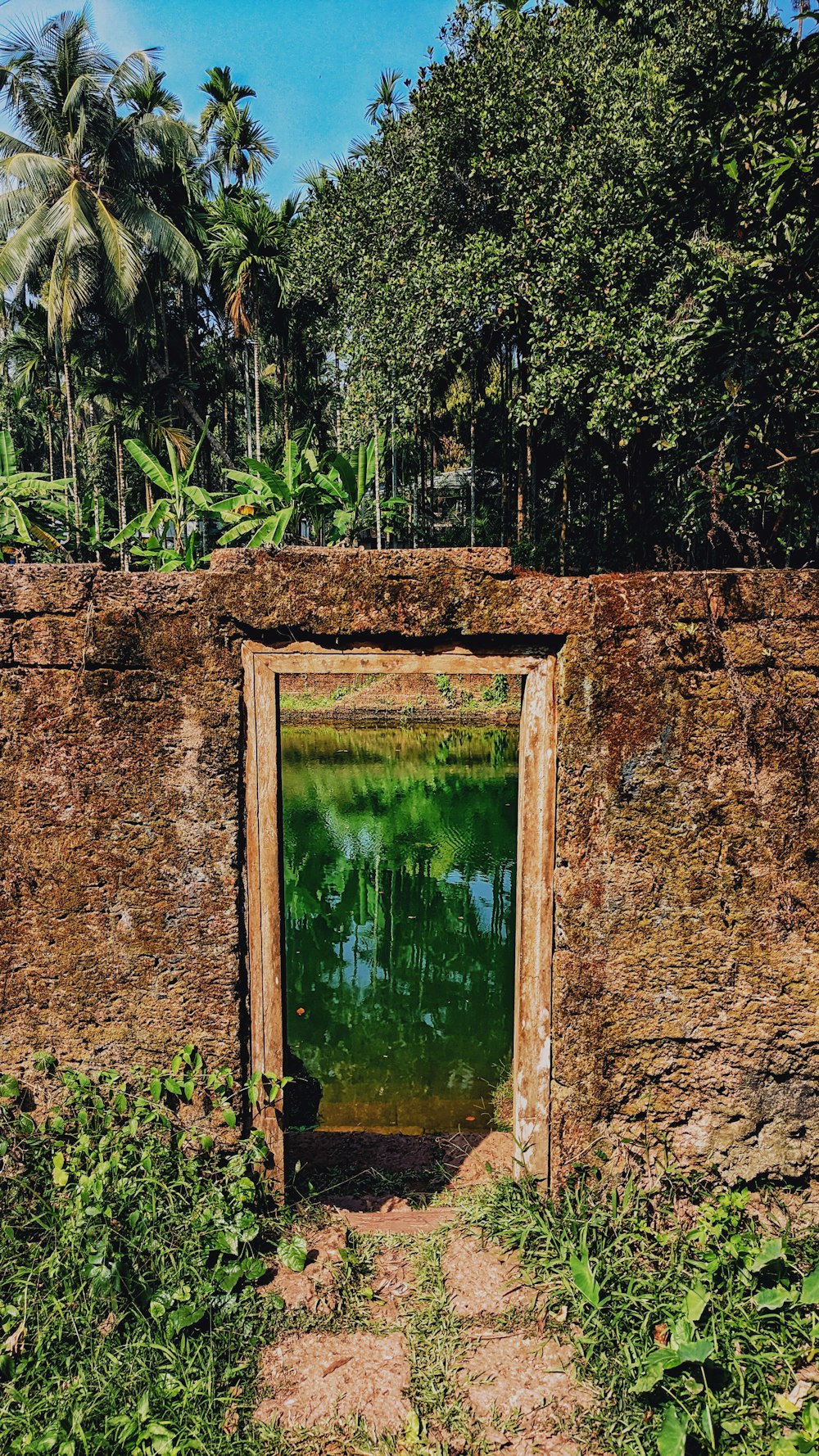 an open door in a stone wall with trees in the background