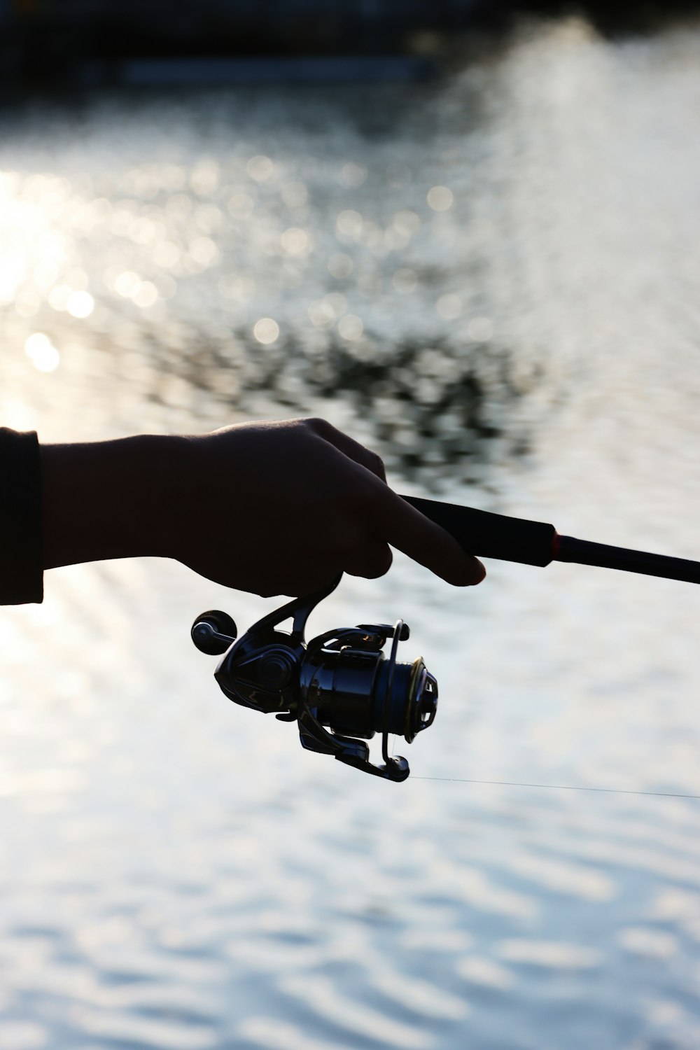 a person holding a fishing rod next to a body of water