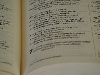 a close up of an open book with words on it