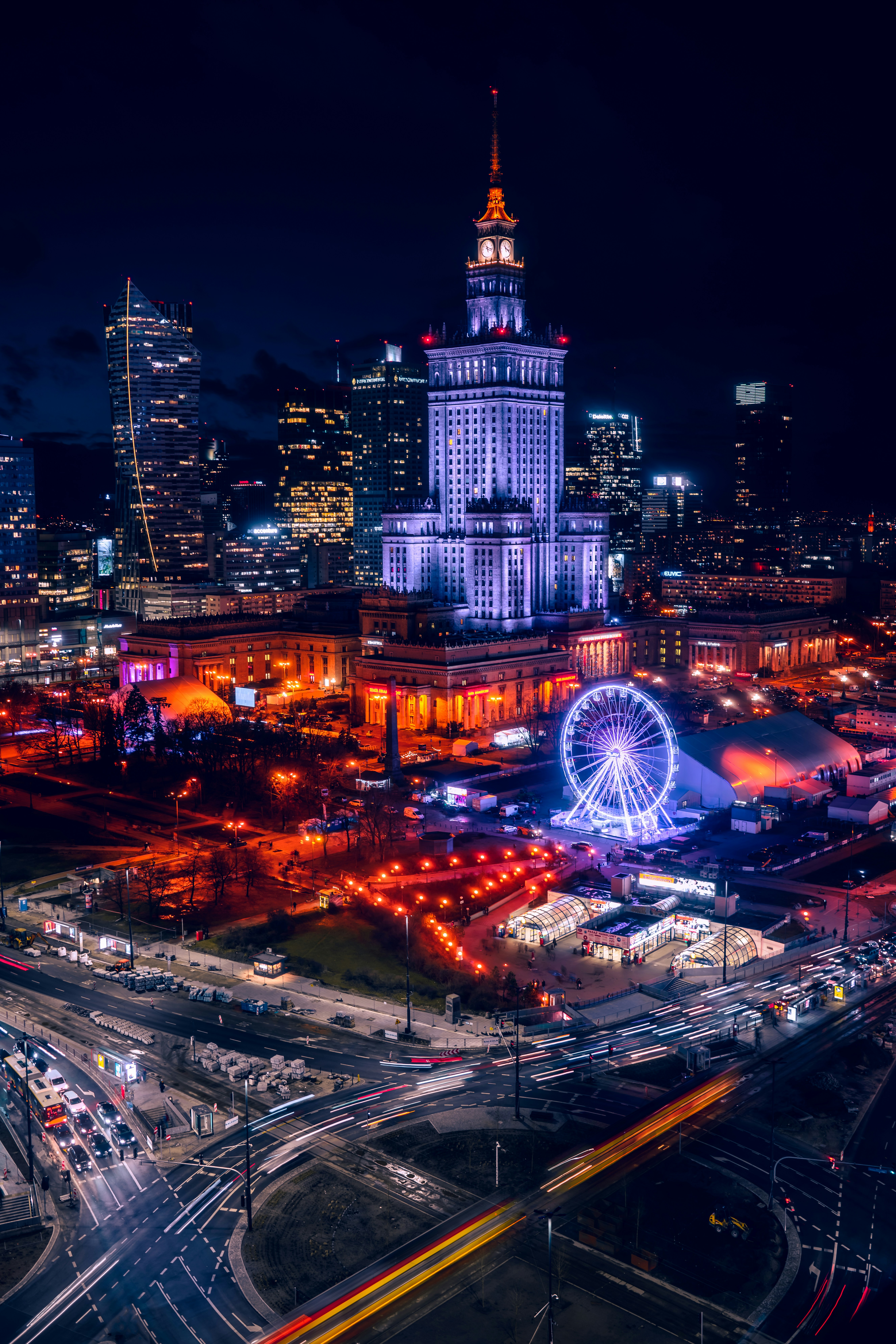an aerial view of a city at night