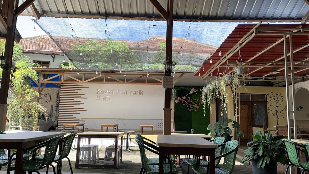 a restaurant with tables and chairs under a roof