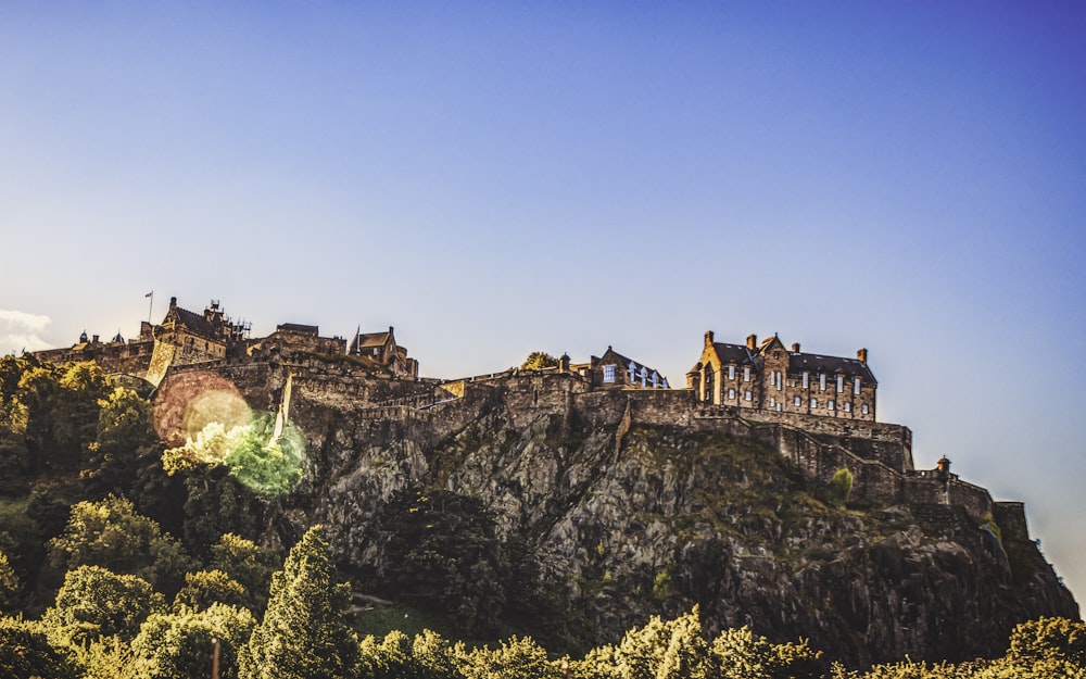 Un château au sommet d’une colline entourée d’arbres