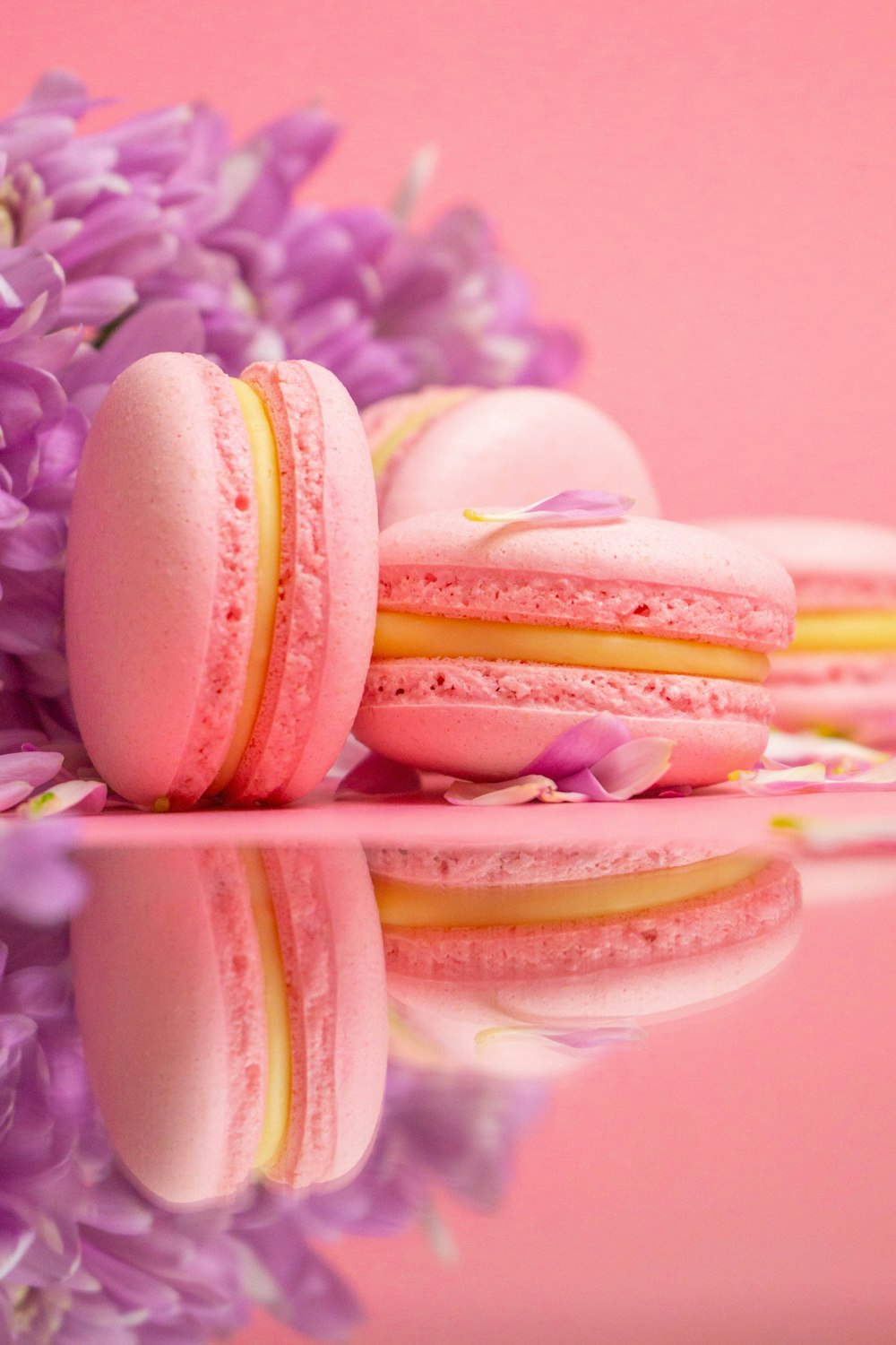 pink macaroons and purple flowers on a pink background