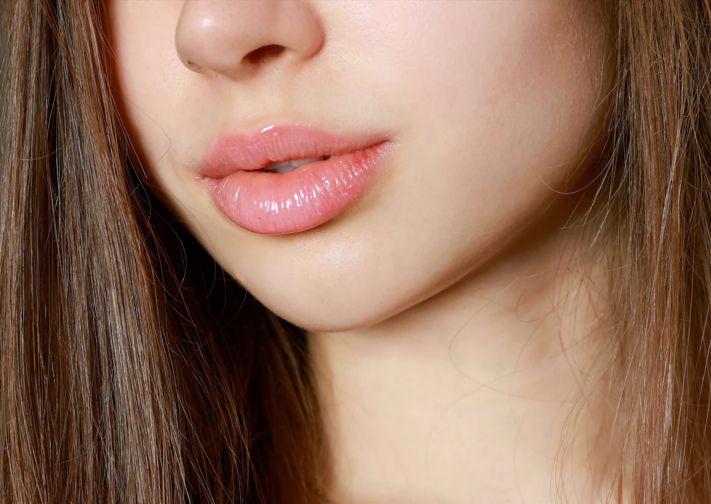 Close-up of glossy, softly pink lips slightly parted, framed by brown hair and part of the lower face.