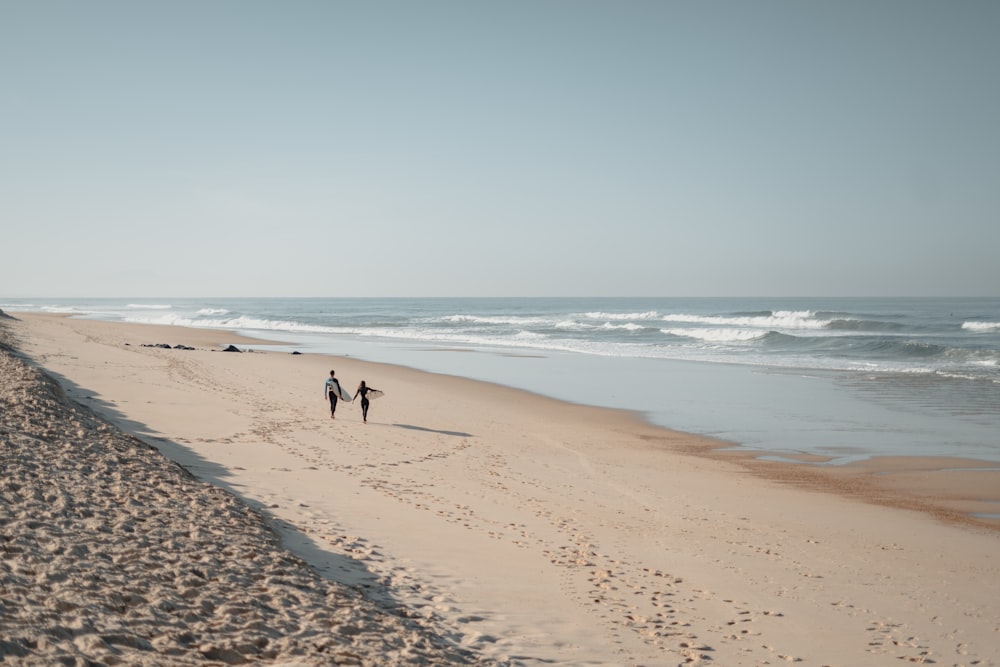 a couple of people walking along a sandy beach