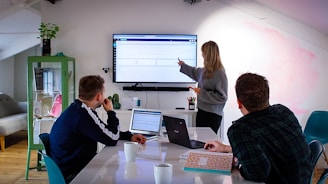 Three people are in an office setting, gathered around a table with laptops and notebooks. One person is standing and presenting information on a large screen mounted on the wall, pointing to graphs while the other two are seated and attentively listening. The room is well-lit and decorated with a plant and shelves.