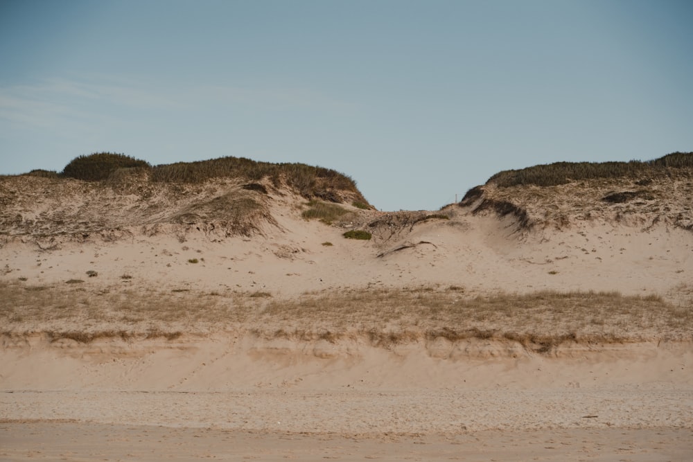 a beach with sand dunes and grass on top of it