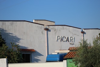 A large industrial building with a faded exterior and a sign reading 'PICARI' is visible. The structure has a flat roof with a slightly inclined section and is partly obscured by trees. In the foreground, a blue truck is parked next to the building, alongside a green metal door.