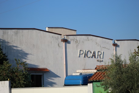 A large industrial building with a faded exterior and a sign reading 'PICARI' is visible. The structure has a flat roof with a slightly inclined section and is partly obscured by trees. In the foreground, a blue truck is parked next to the building, alongside a green metal door.