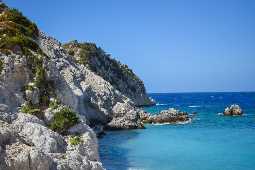 a rocky beach with clear blue water