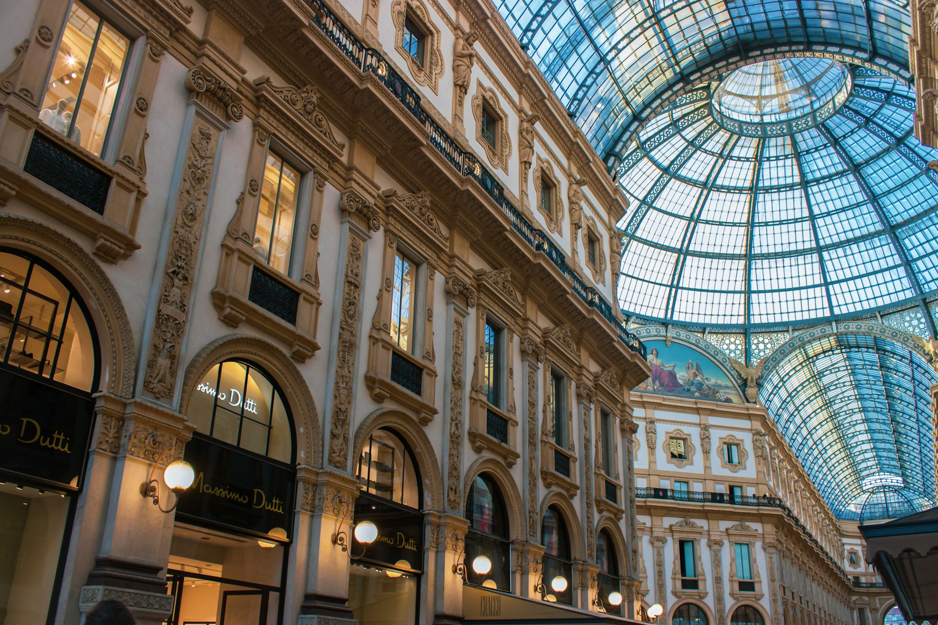 the inside of a building with a glass ceiling