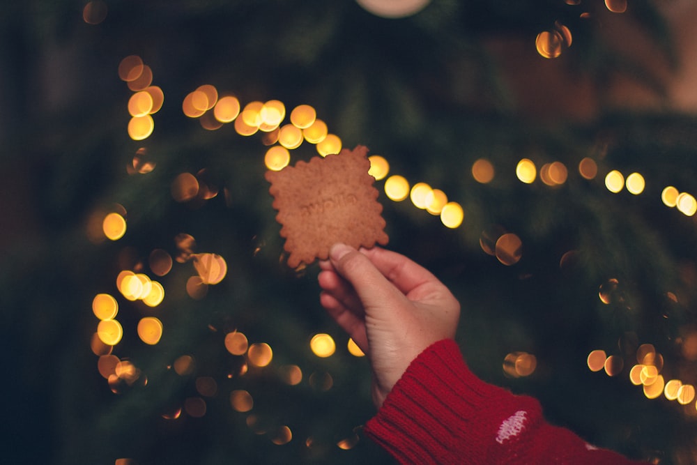 a person holding a cookie in front of a christmas tree