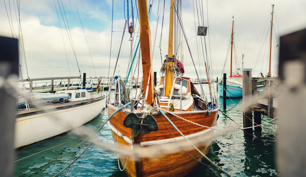 a group of sailboats docked at a pier