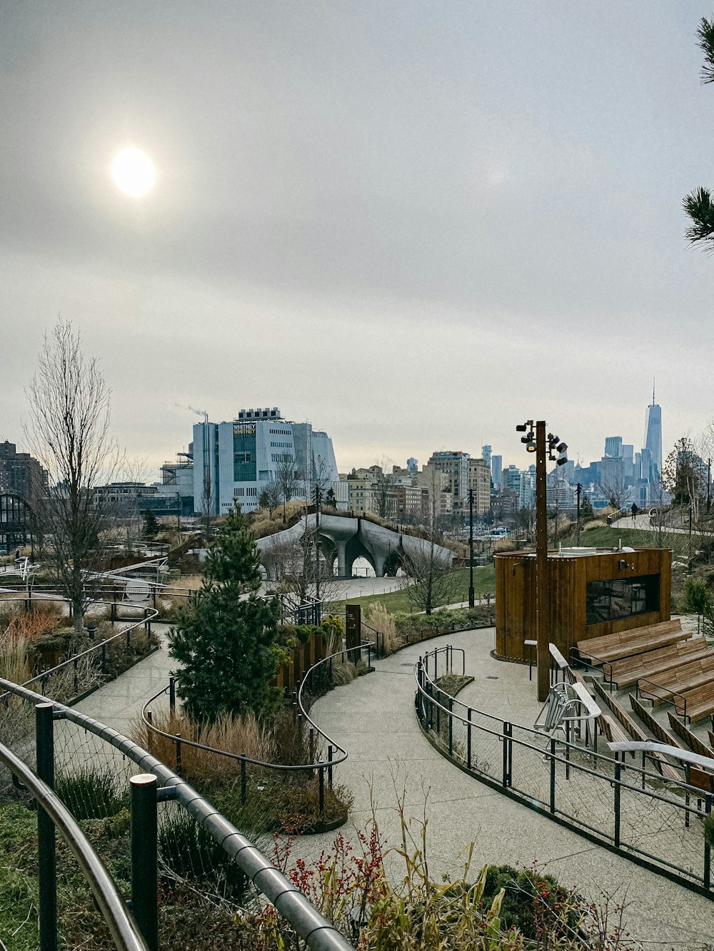 a view of a park with benches and benches