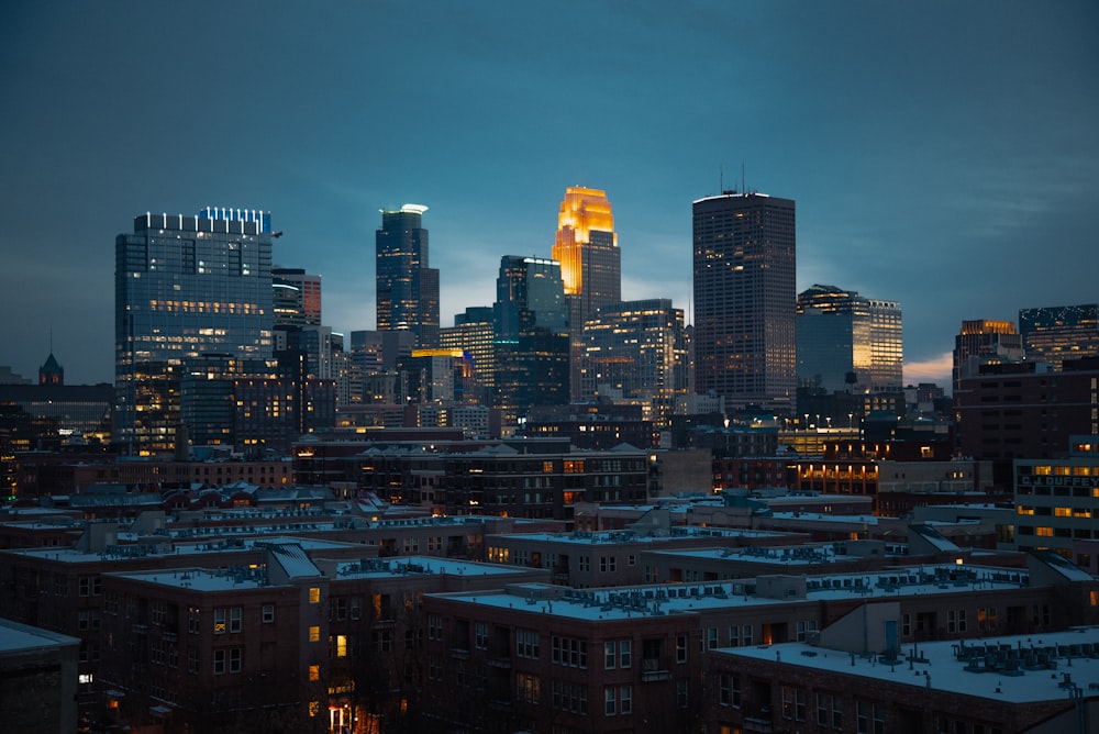 a view of a city skyline at night