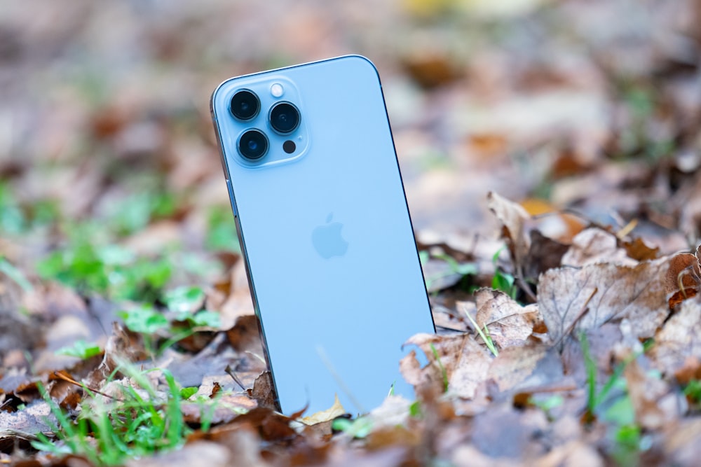 a blue iphone sitting on top of a leaf covered ground