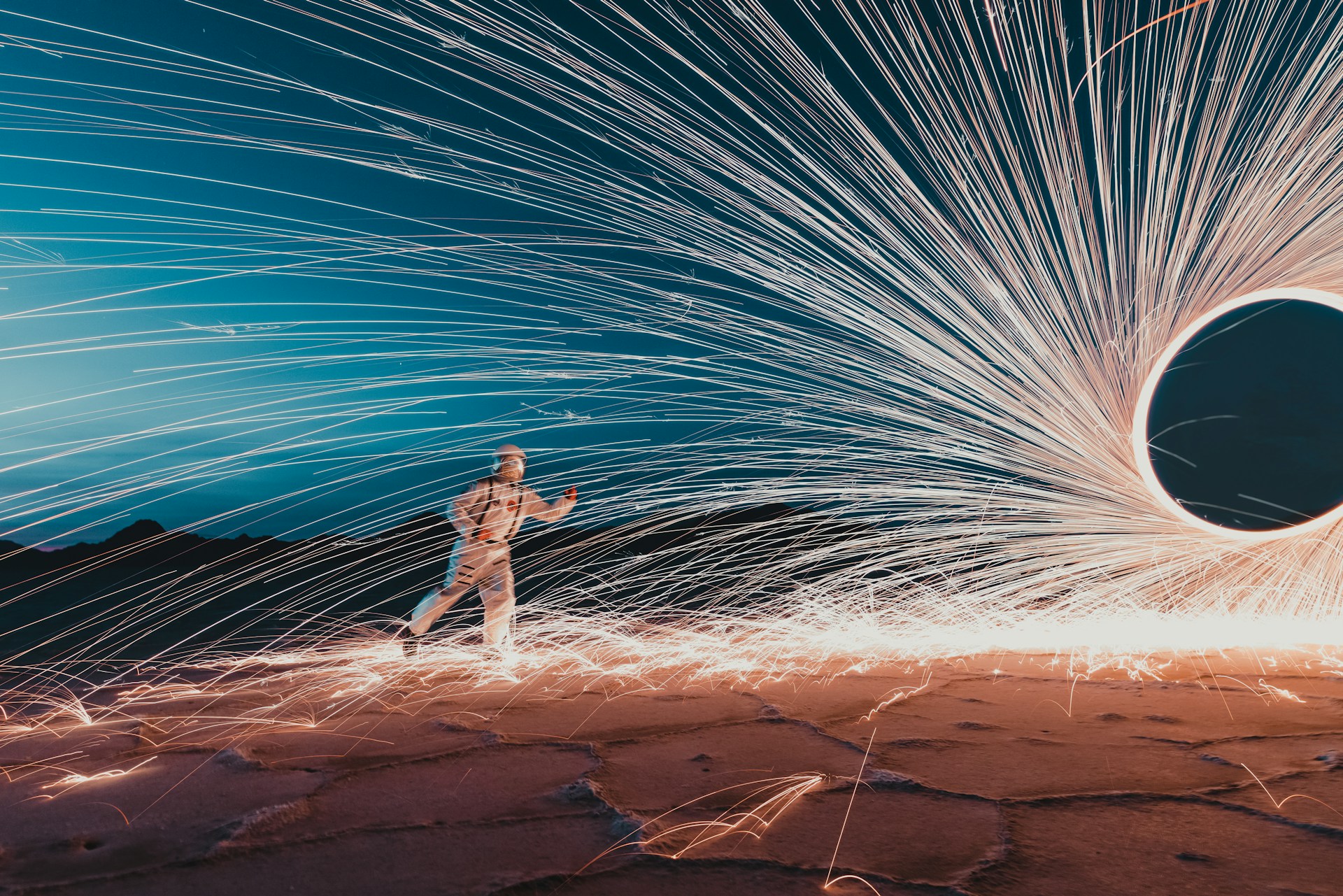 A dynamic 3D scene of a person running in a high-tech black suit against a glowing digital cityscape background.