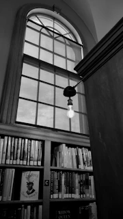 A sepia-toned photograph of Harry Berg seated in his classic library, surrounded by towering shelves filled with worn industrial history books.
