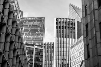 a black and white photo of some very tall buildings