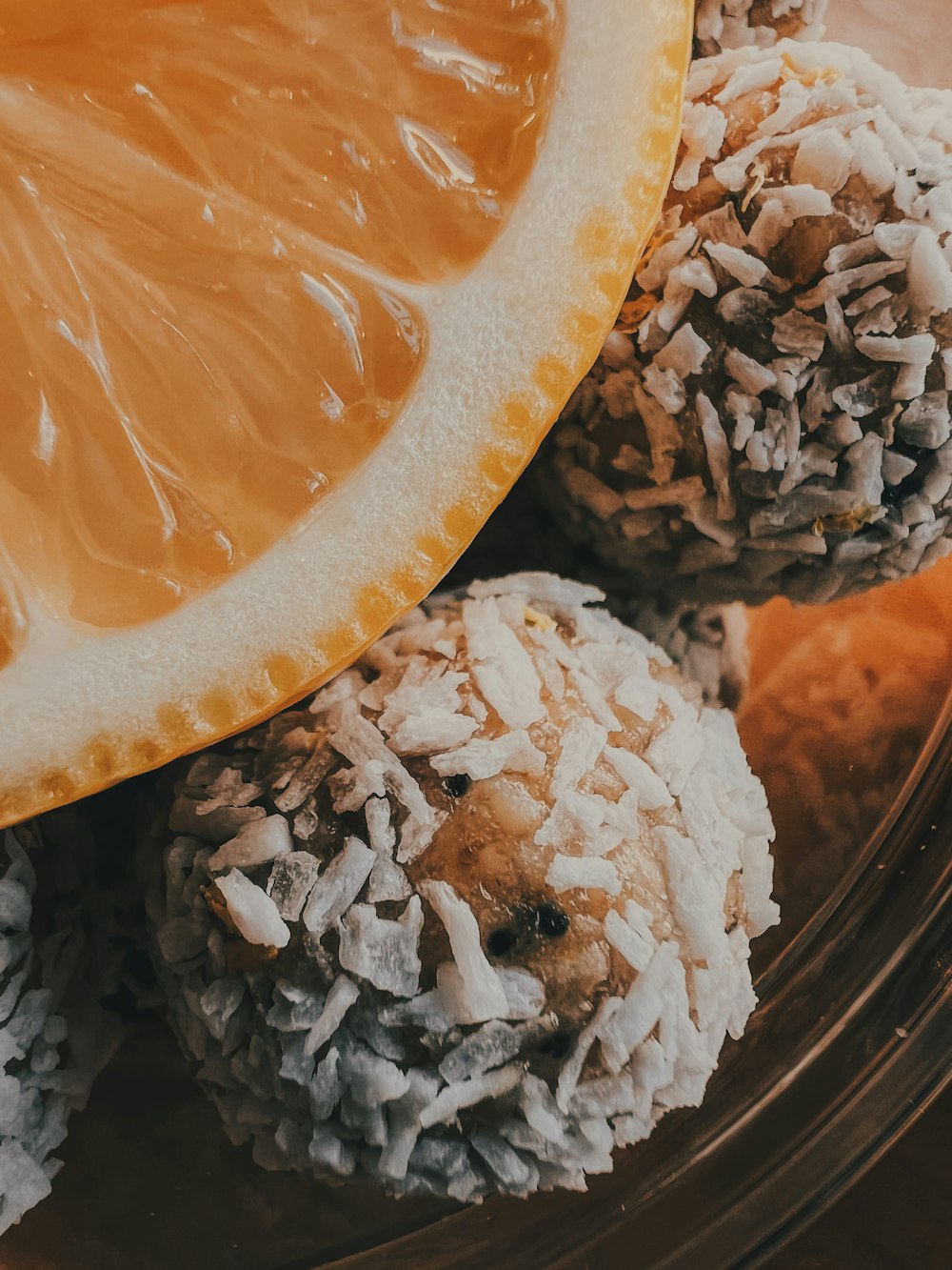 a close up of a plate of food with an orange