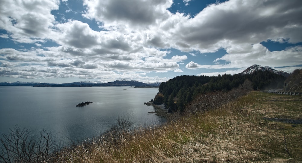 a large body of water sitting next to a lush green hillside