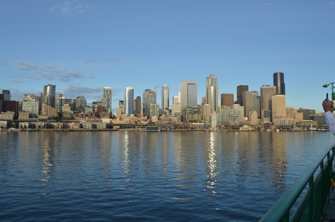 a man taking a picture of a city skyline,