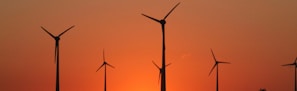 a group of windmills are silhouetted against a sunset